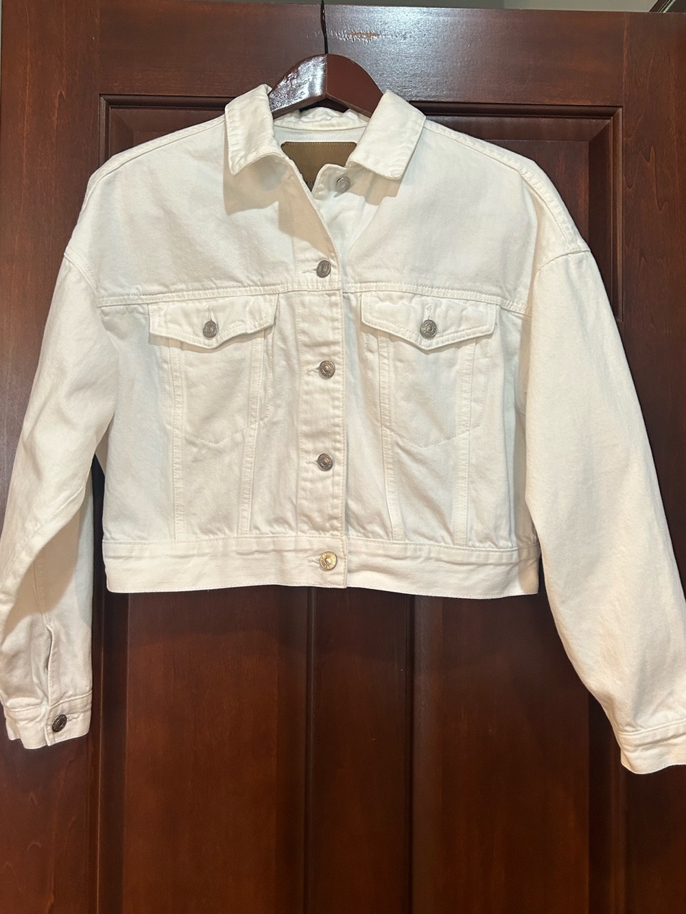 American Eagle White Cropped Denim Jacket Oversized Women’s Small